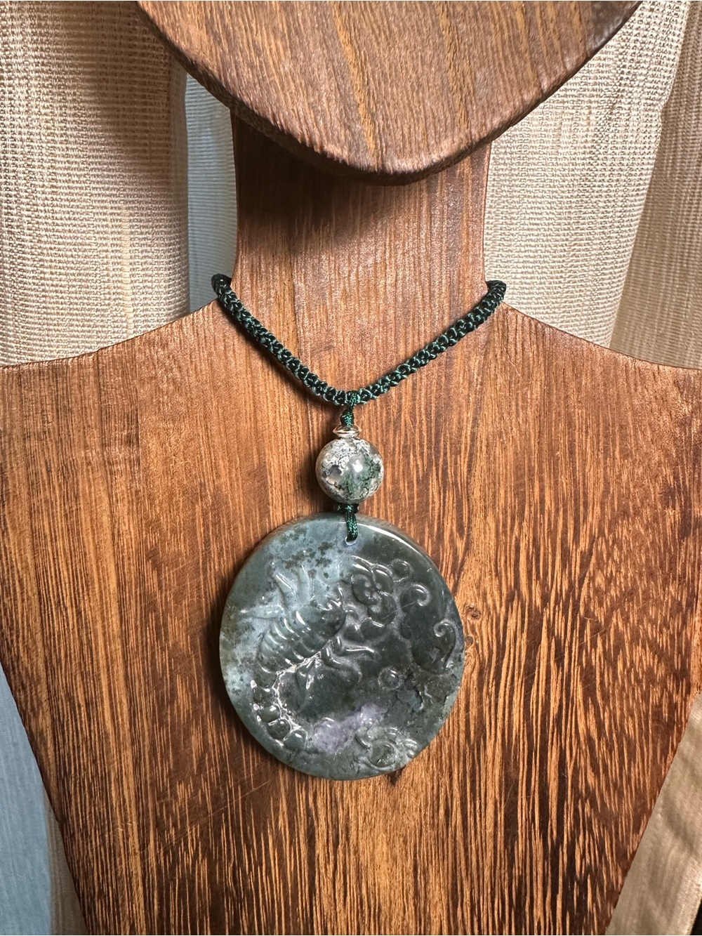 Moss Agate Scorpion Pendant Necklace on Green Rope - Picture 10 of 13
